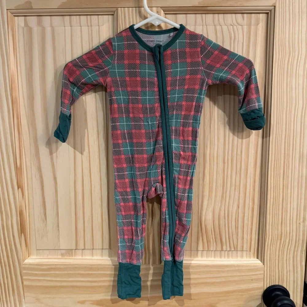 Angel Dear Bamboo Viscose Plaid Sleeper Red Green 3-6M Two Way Zip Romper‎